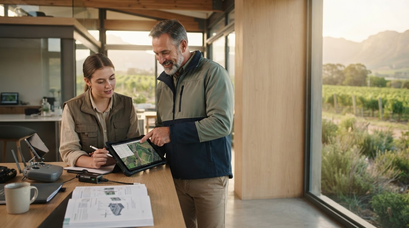 Voyager Kapstead client reviewing predictive analytics data on a tablet in a sunlit home office